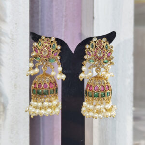 colorful kundan jhumka earrings with pearl drops